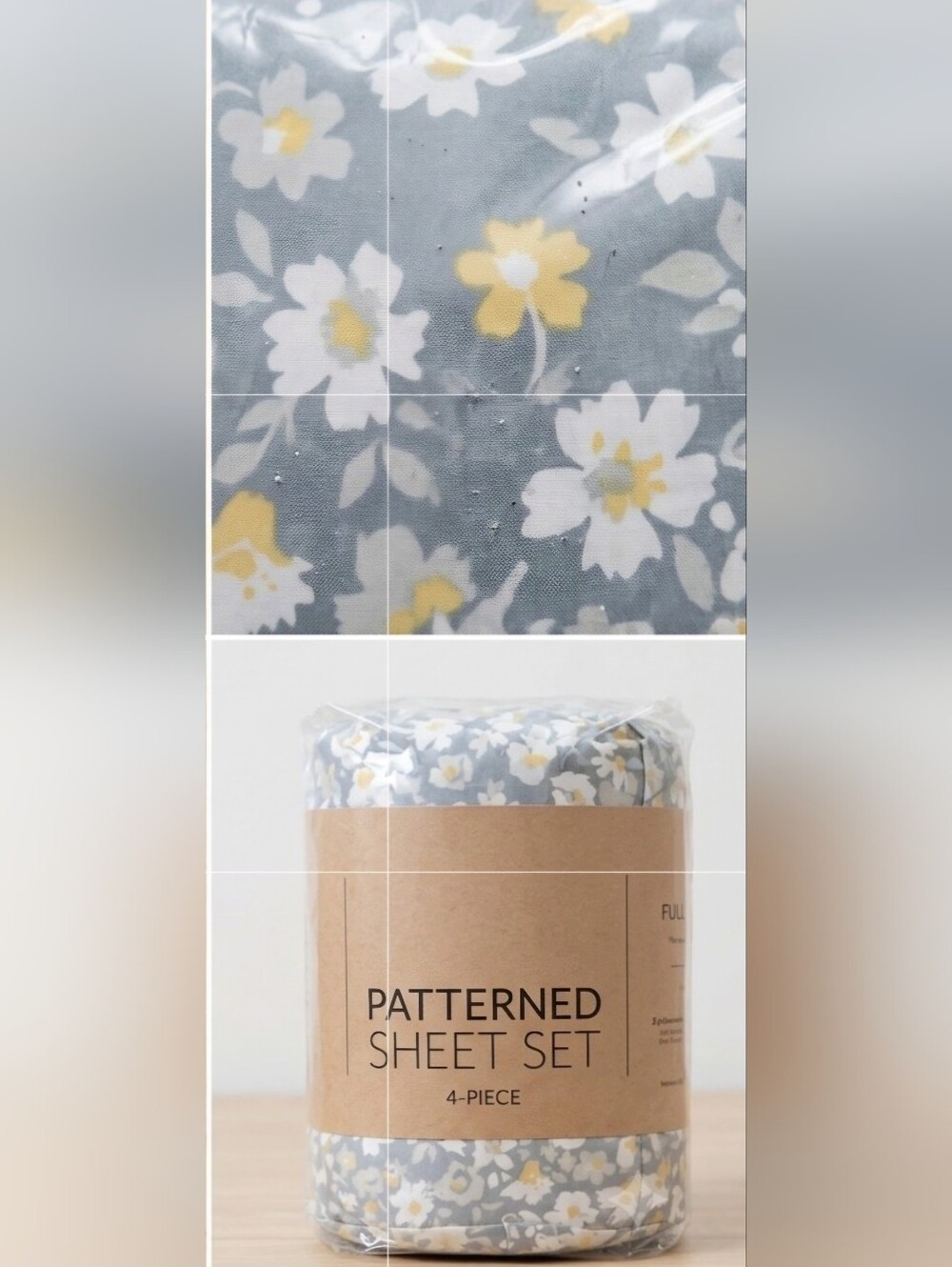 Patterned Sheet Set in Gray with White & Yellow Floral Print